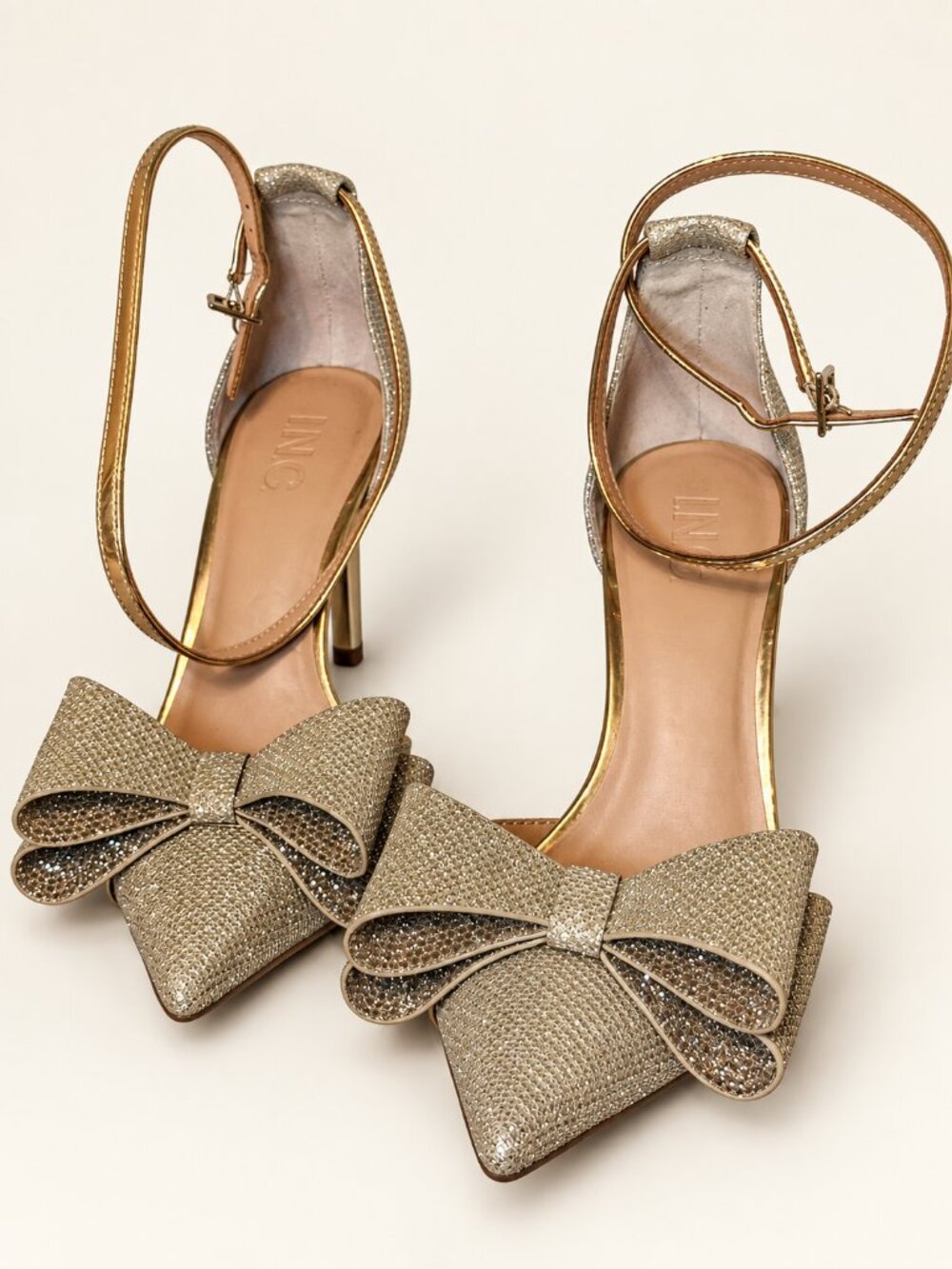 INC Gold Glitter Bow Pointed Toe Ankle Strap Heels Women's 9M EU39